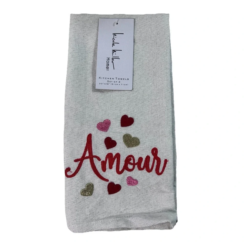 Nicole Miller Set Of 3 Kitchen Towels Embroidered Love NEW